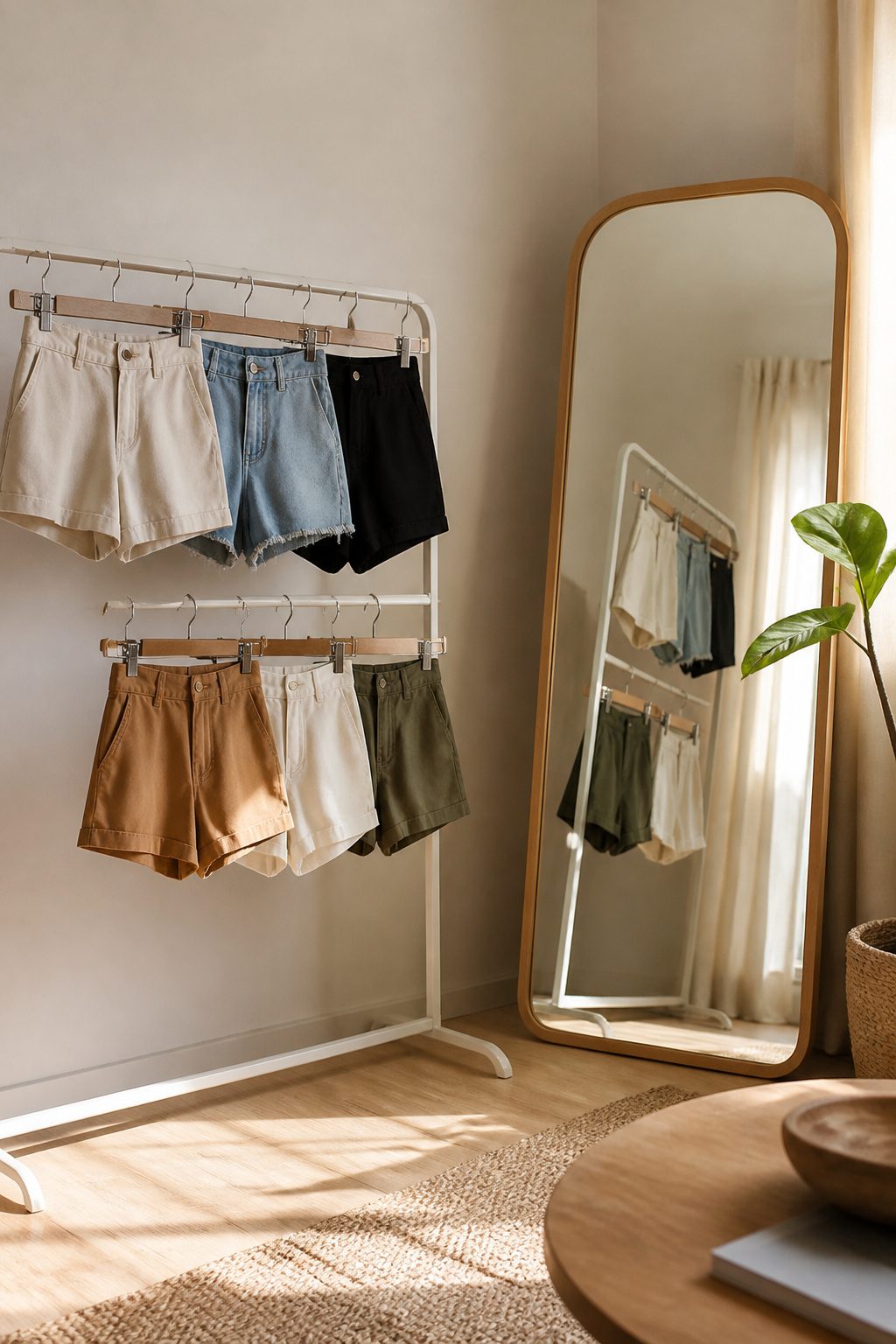 Shorts for Short Women: 7 Styles That Fit Petite Frames 5 A minimalist living room with a stylish sofa and decor.