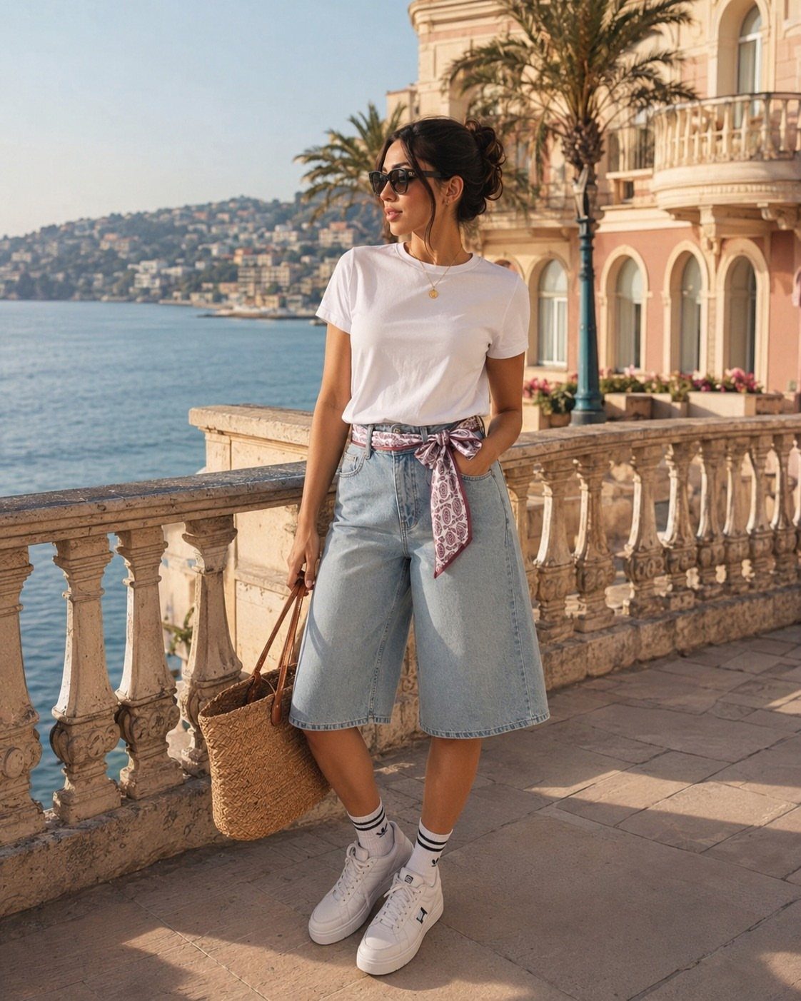 Woman in white t-shirt and wide-leg denim shorts on a coastal balcony