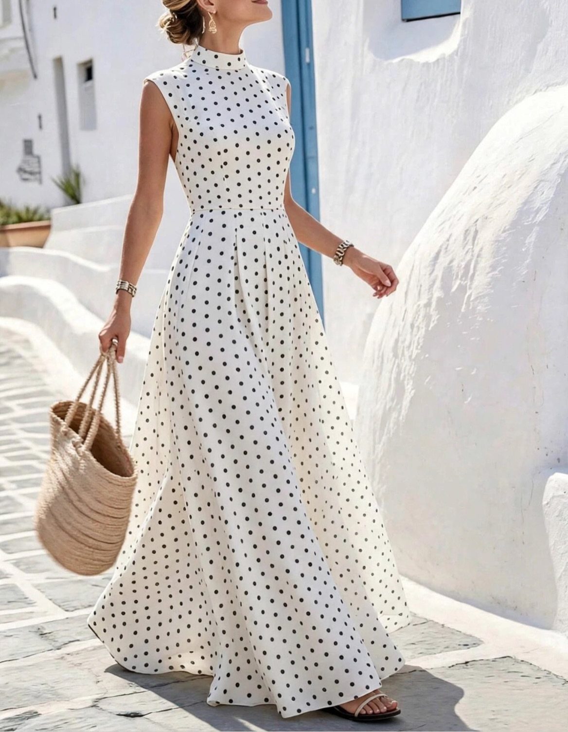 Woman in a white polka-dot maxi dress carrying a straw bag against white walls.
