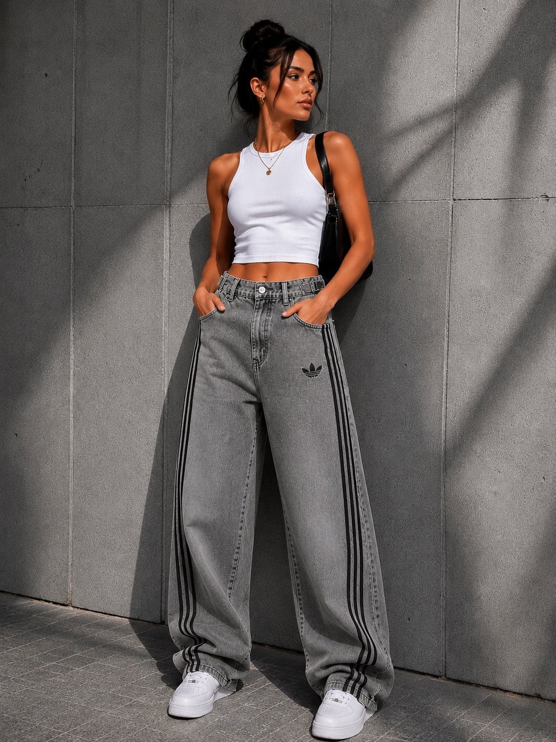 12 Sporty Chic Outfits That Work Beyond the Gym 5 Woman in white crop top and wide-leg grey striped jeans with white sneakers.