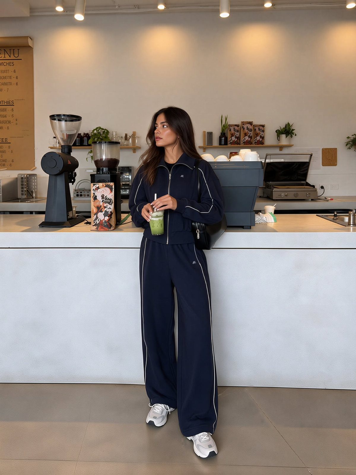 12 Sporty Chic Outfits That Work Beyond the Gym 9 Woman in navy blue tracksuit with white sneakers and a black shoulder handbag.