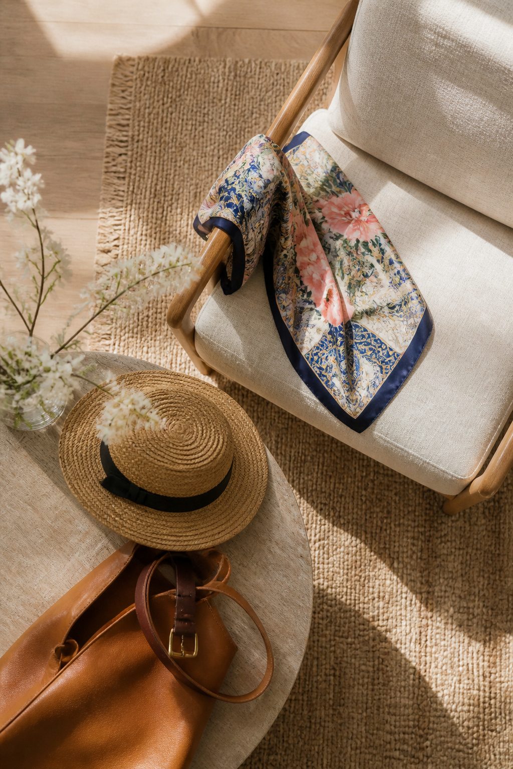 A silk scarf displayed on a textured cloth.