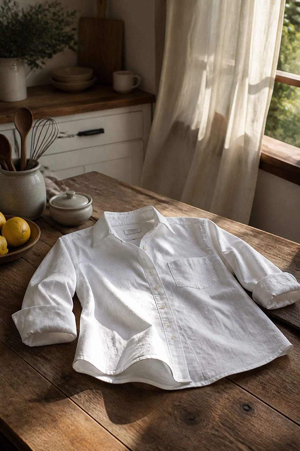 A white button-down shirt laid out on a wooden table.