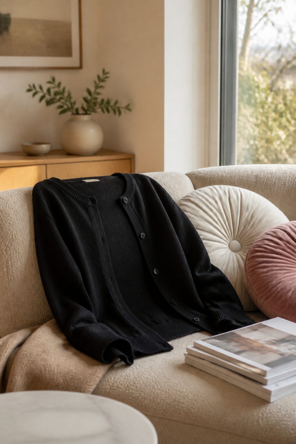 A black cardigan laid out on a sofa in a modern living room.