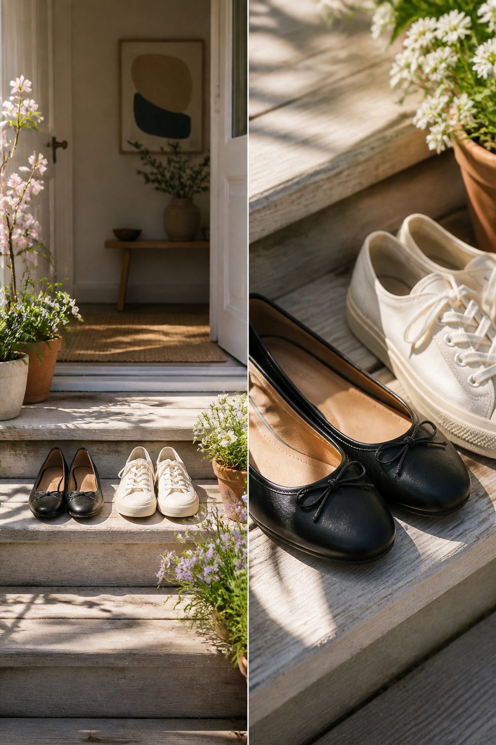 A pair of ballet flats and sneakers displayed together.