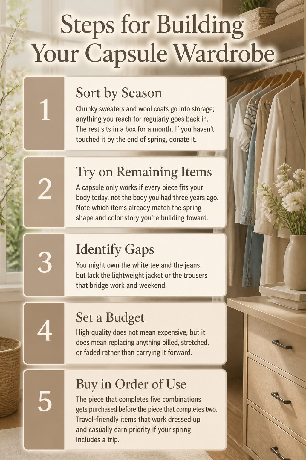 An infographic showing steps to build a capsule wardrobe.