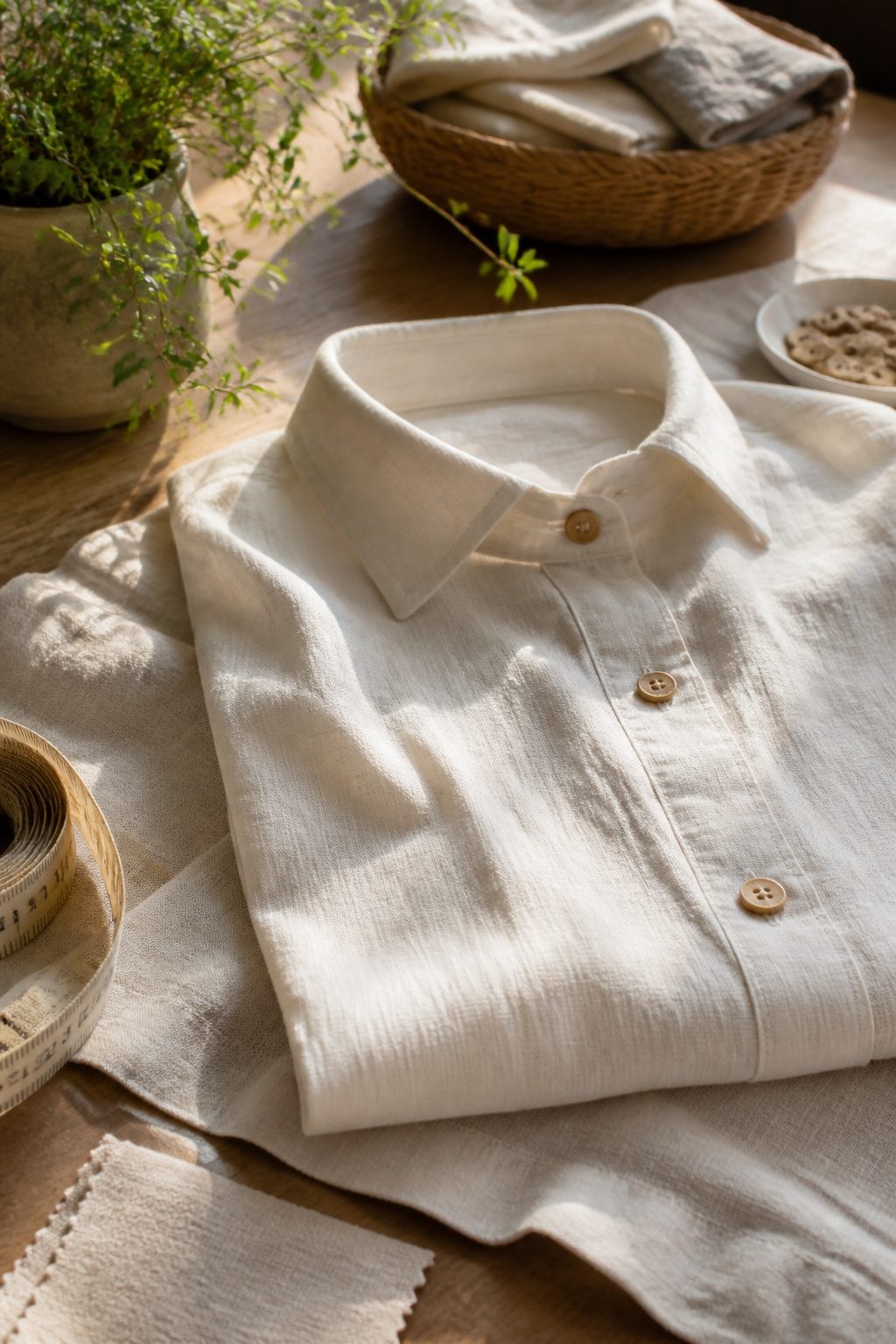 Close-up of a finely woven cotton shirt with corozo buttons.