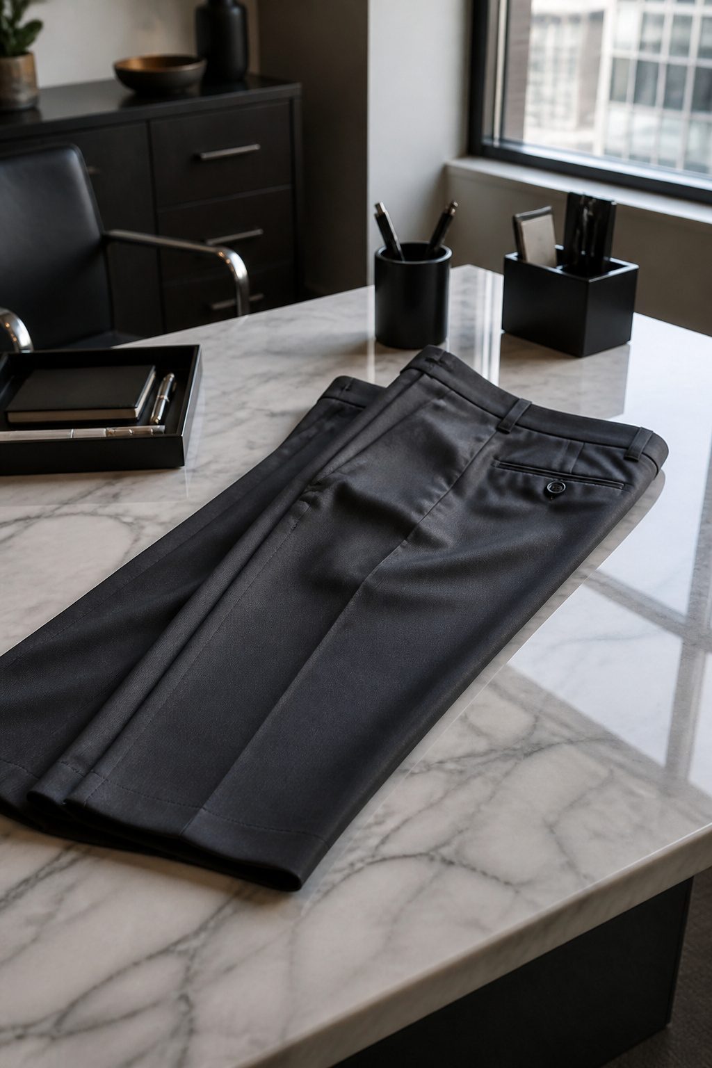 A pair of tailored trousers displayed on a marble surface.