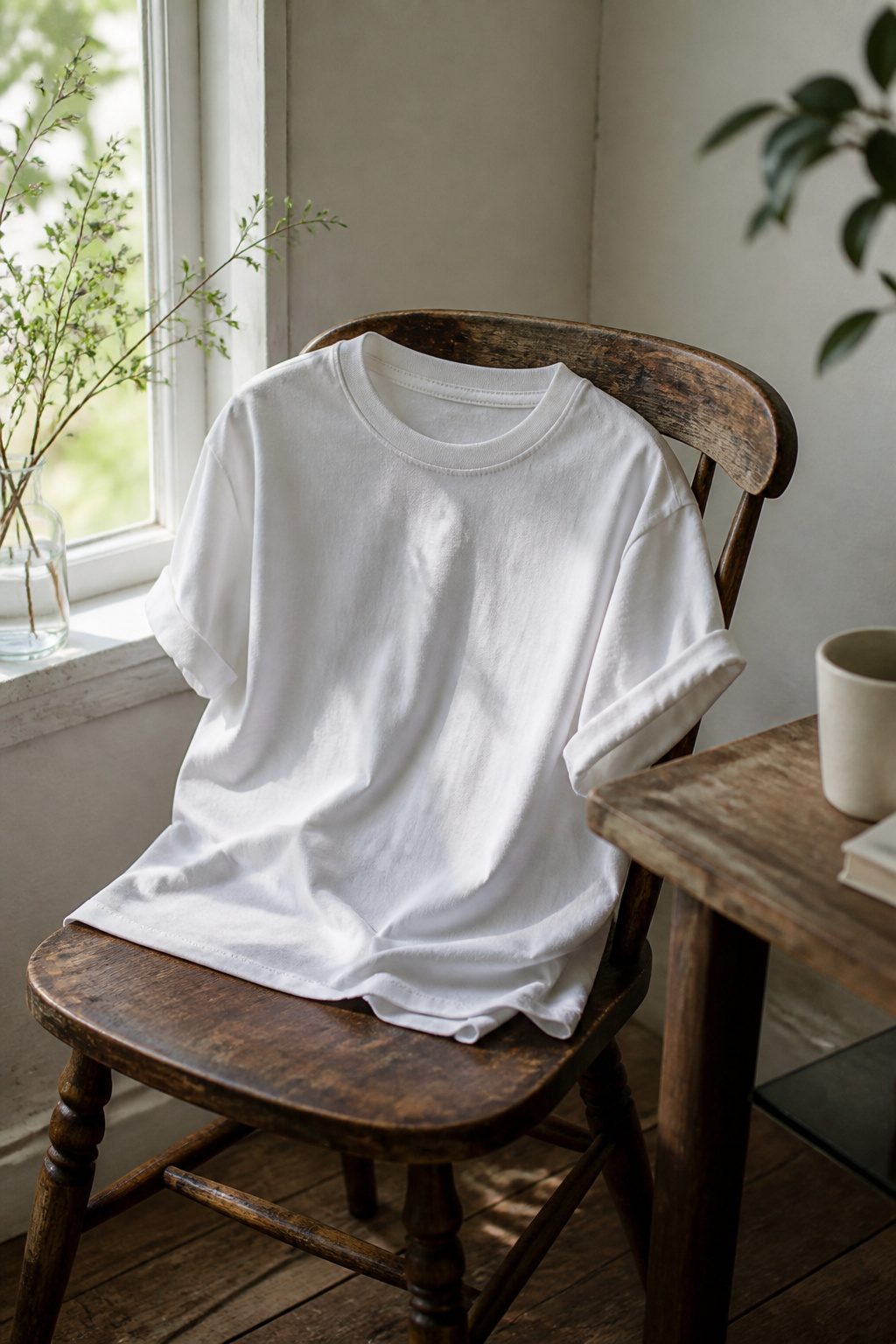 A white T-shirt displayed on a wooden chair in natural light.