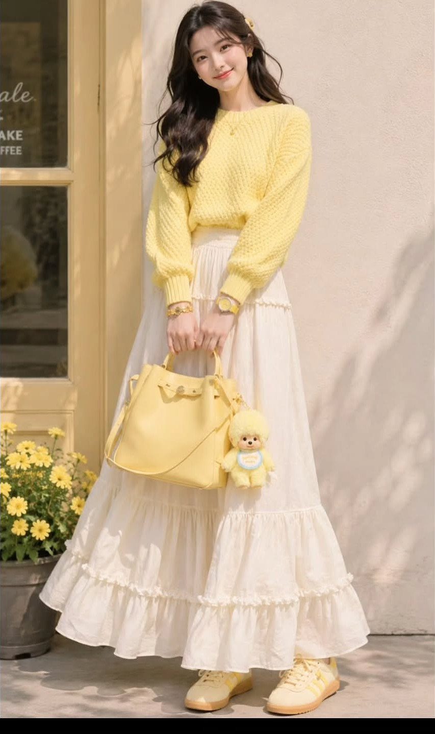 11 Spring Summer Outfits You'll Reach for All Season Long 5 Woman in yellow sweater and tiered white maxi skirt holding a yellow handbag.
