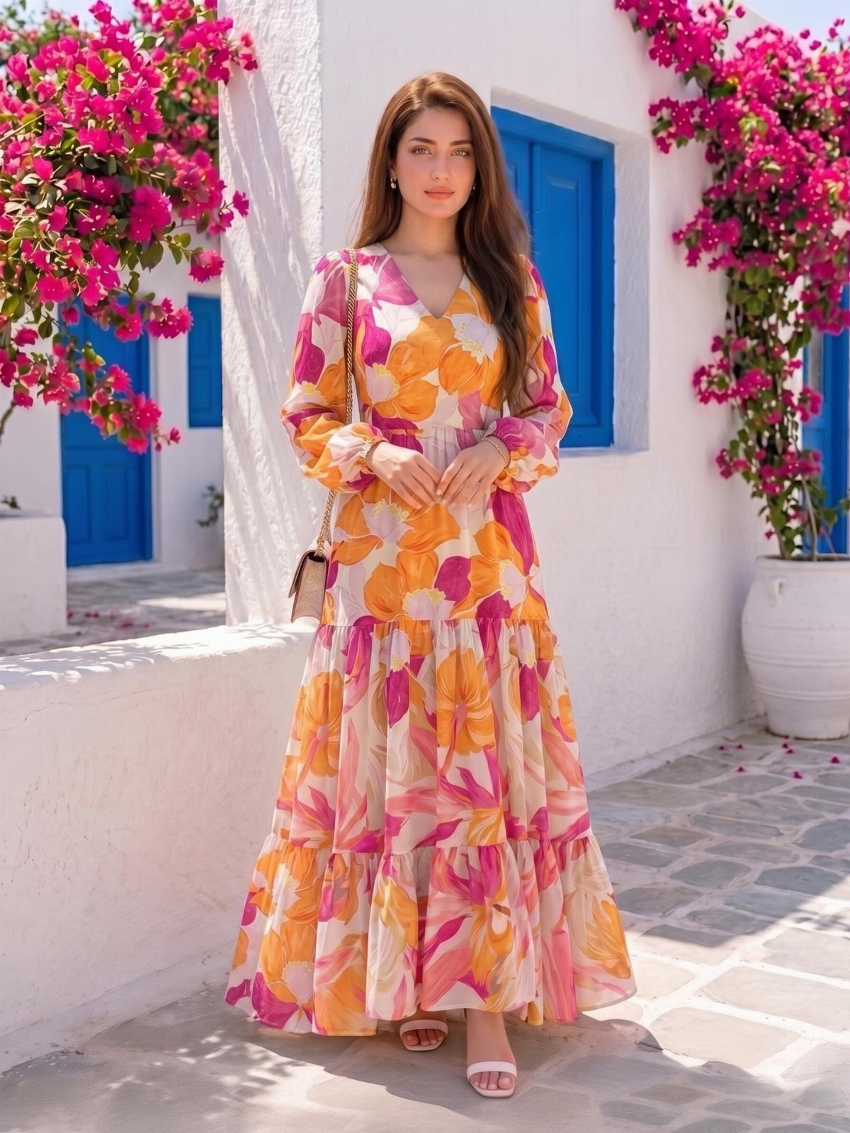Woman in a colorful floral maxi dress standing by white walls and pink flowers.