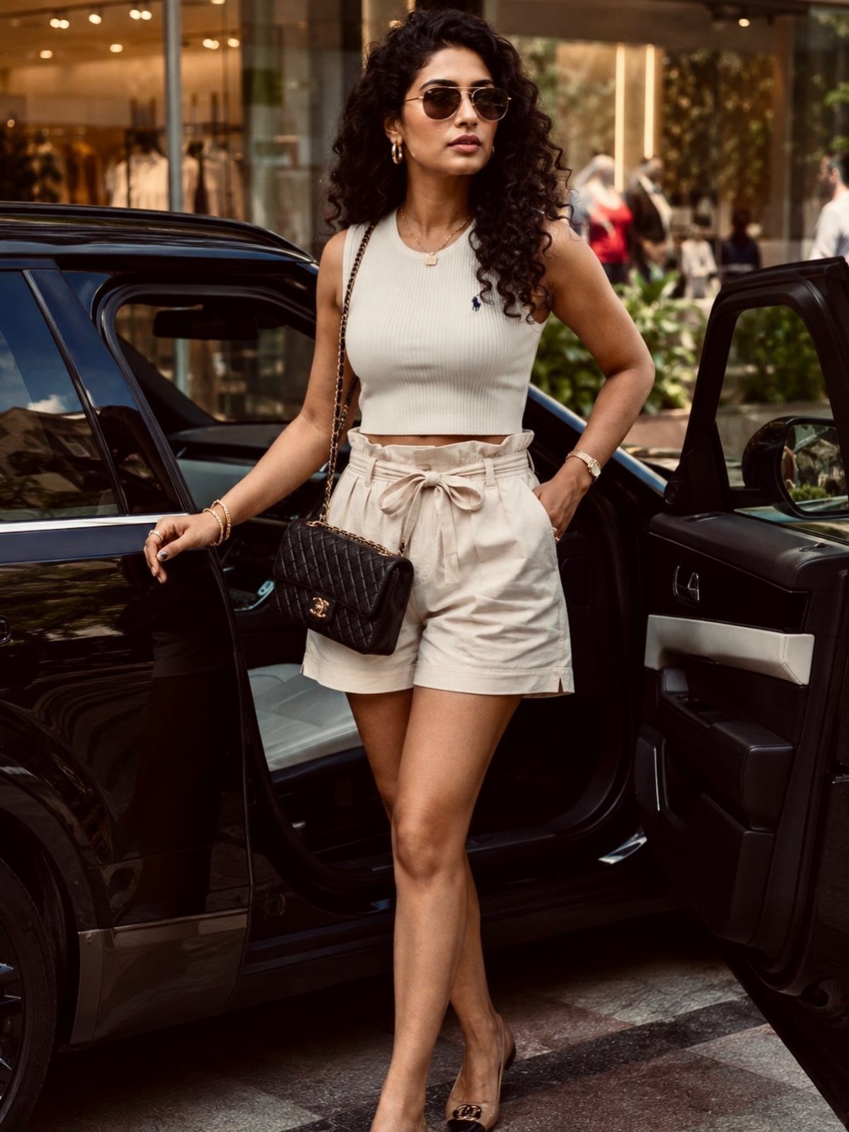 Woman wearing a white sleeveless top and beige paperbag shorts by a black car.
