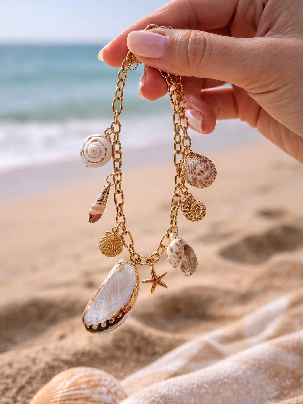 A gold seashell necklace held against a sunny beach and ocean background.