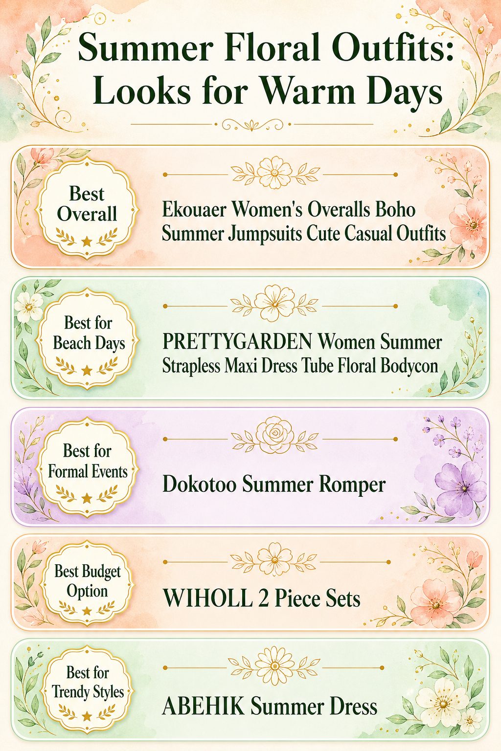 Summer Floral Outfits: 5 Looks for Warm Days 2 Infographic comparing different summer floral outfits with product details