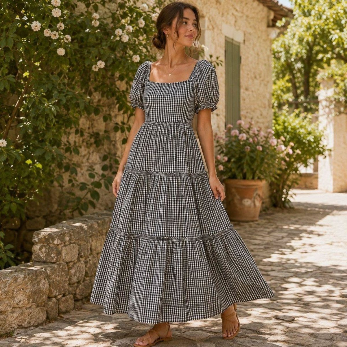 12 Tea Party Outfit Ideas for Women: Dresses, Hats & Accessories 3 A woman posing in a black and white gingham tiered midi dress outdoors.