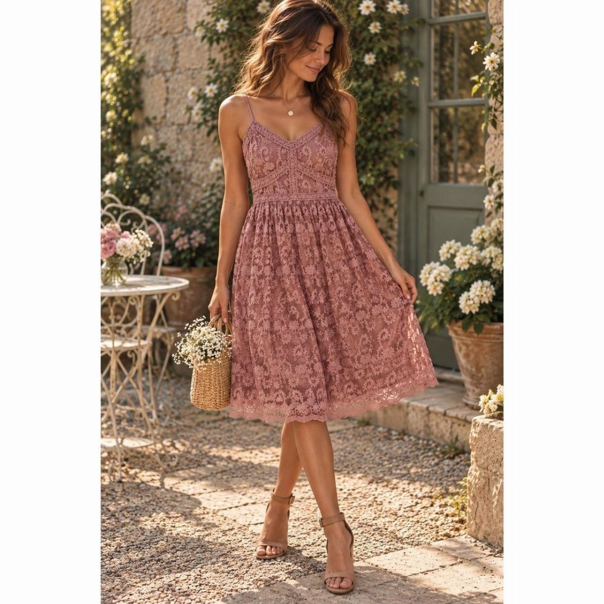 12 Tea Party Outfit Ideas for Women: Dresses, Hats & Accessories 1 Woman in a dusty rose lace midi dress standing in a sunny outdoor garden setting.