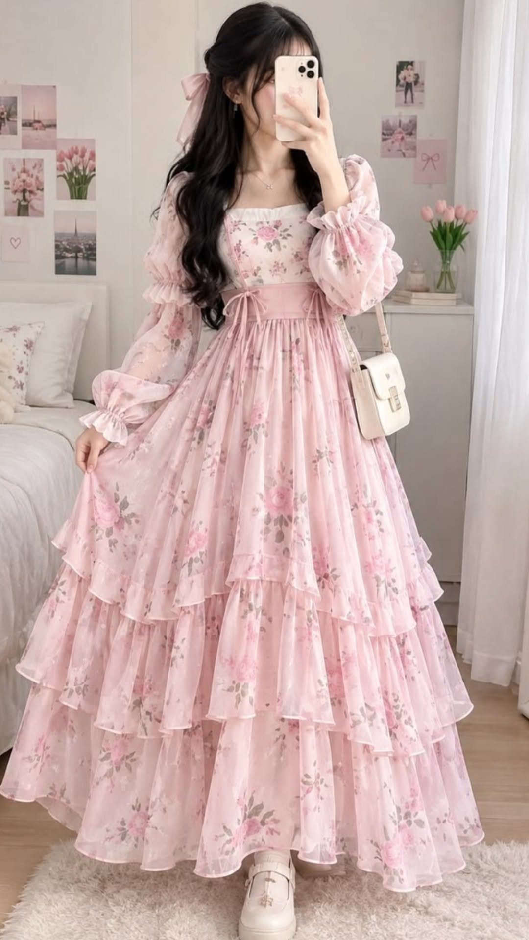 12 Tea Party Outfit Ideas for Women: Dresses, Hats & Accessories 2 Woman wearing a long, light pink floral chiffon dress with tiered ruffles and puffed sleeves.