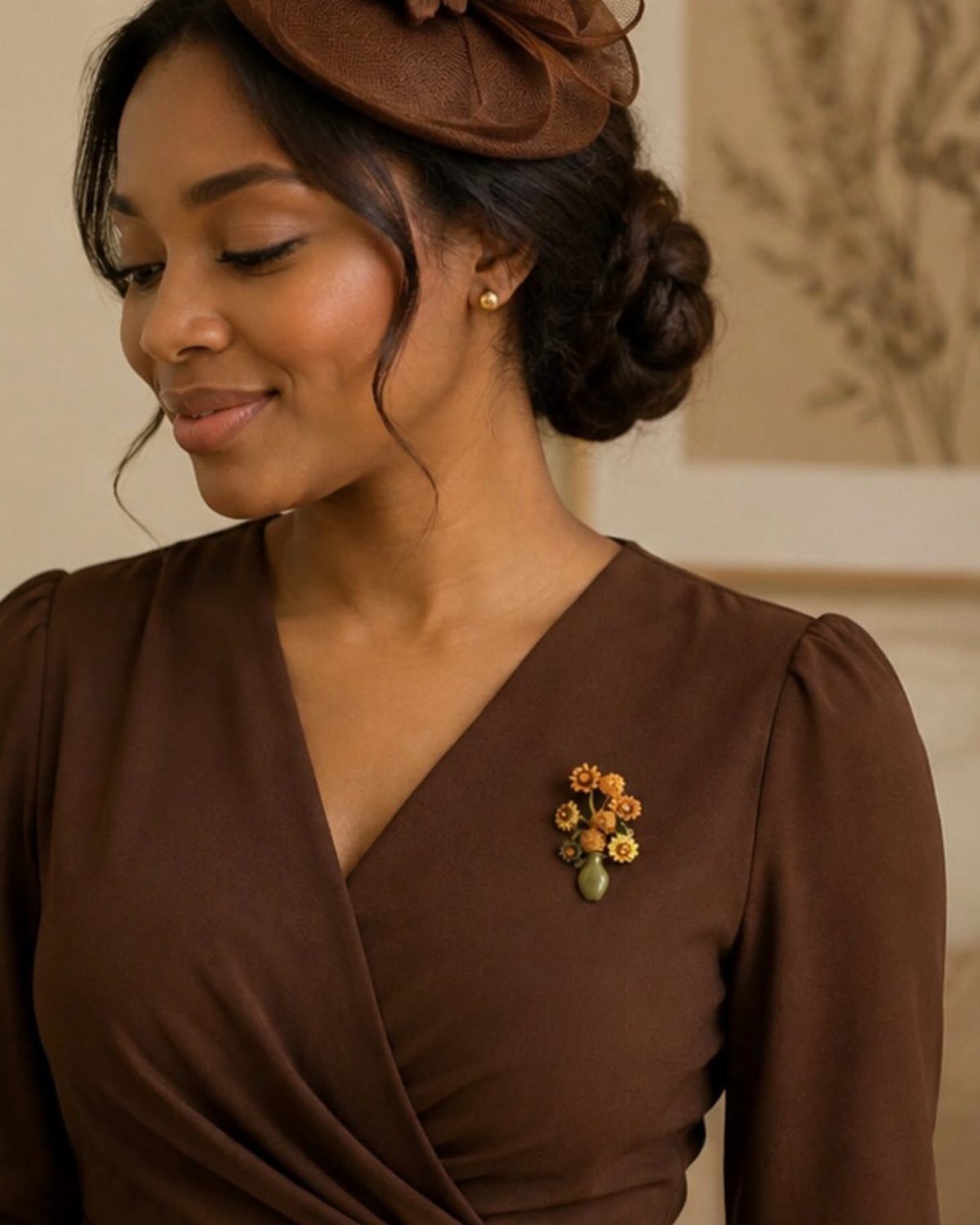 12 Tea Party Outfit Ideas for Women: Dresses, Hats & Accessories 10 A woman in a brown dress wearing a vintage floral brooch on her chest.