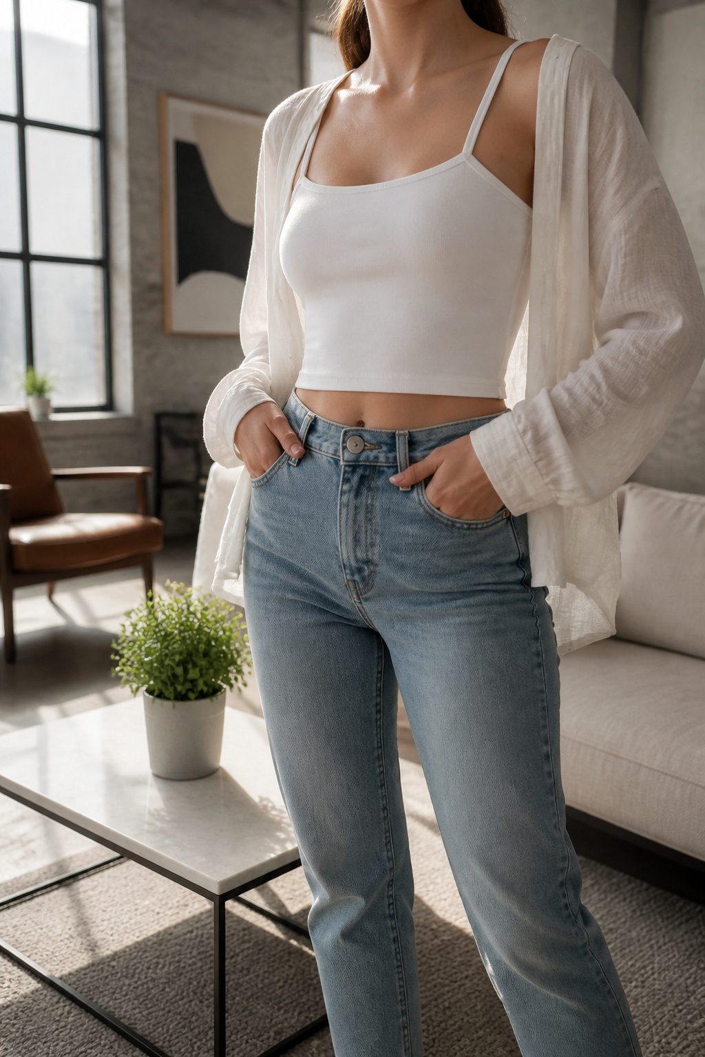 White Crop Top Styles for a Complete Wardrobe 8 White cropped camisole displayed in a stylish urban loft.