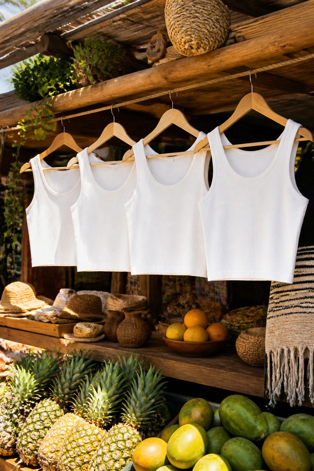 White Crop Top Styles for a Complete Wardrobe 12 White cropped tanks displayed at an outdoor market.