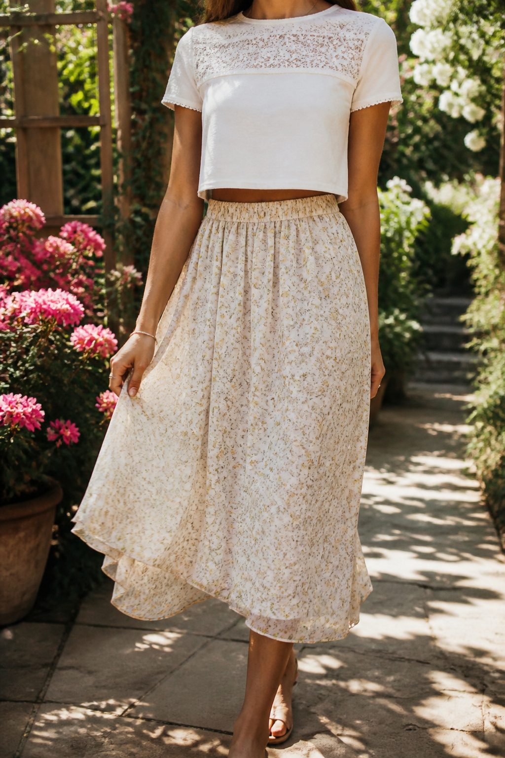 White Crop Top Styles for a Complete Wardrobe 2 White short sleeve crop top featuring lace panel trim in a garden.