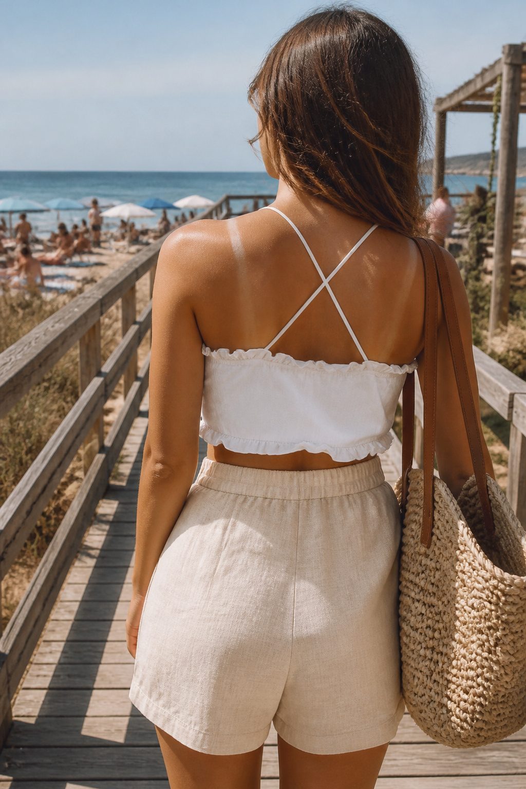 White Crop Top Styles for a Complete Wardrobe 3 White strappy cami with frill trim on a beach boardwalk.