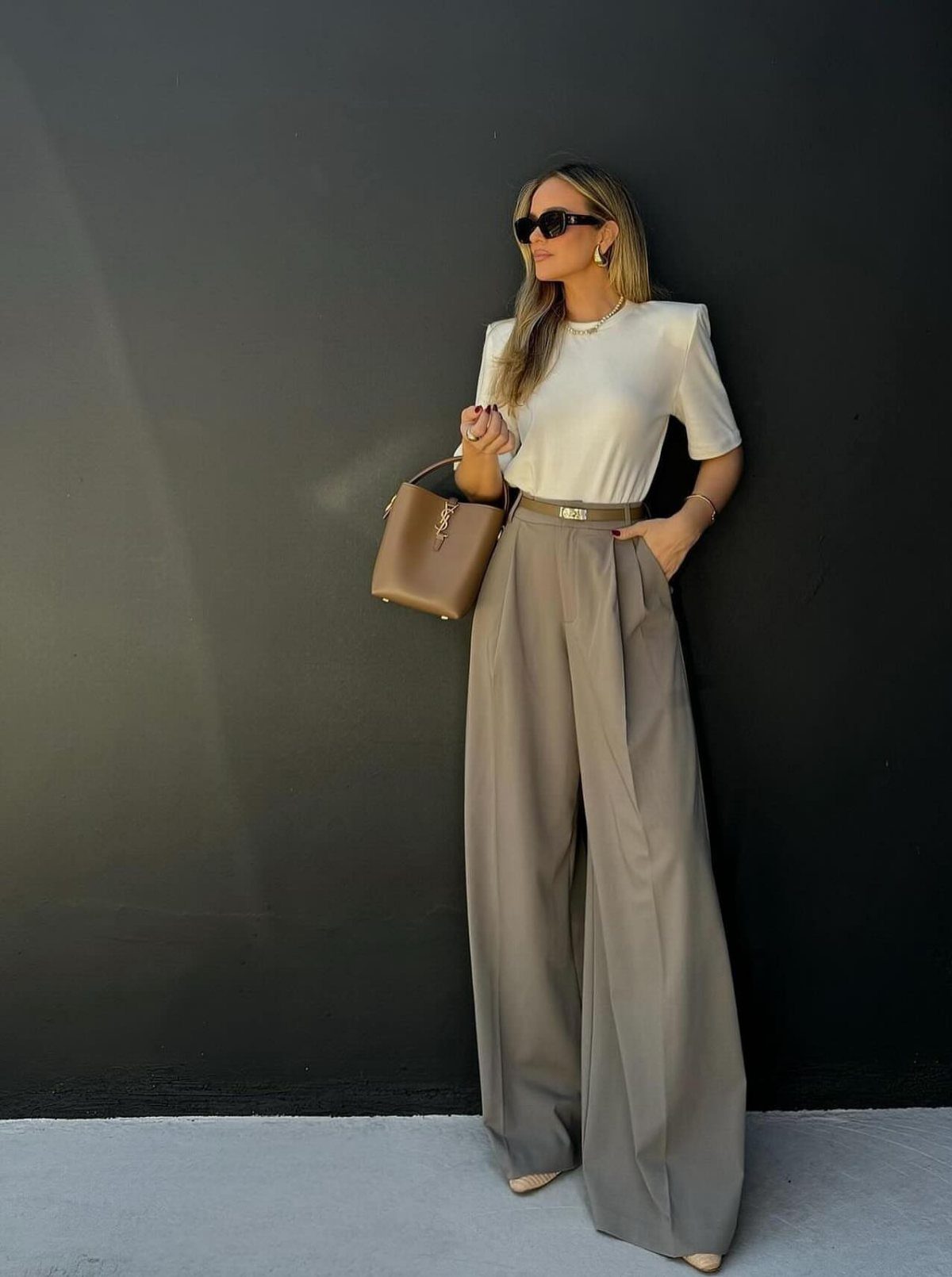 12 Wide Leg Pants Outfit Ideas, From Casual to Polished 11 Woman wearing a white top and taupe wide-leg pleated trousers against a dark wall.