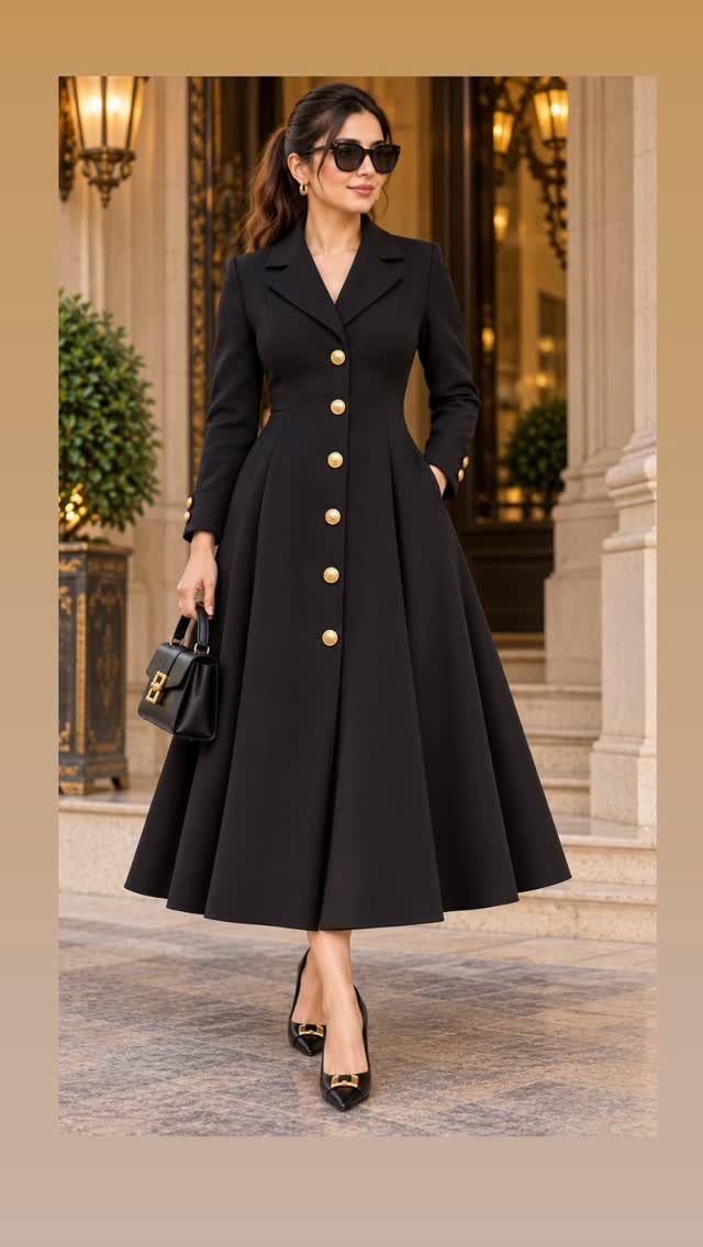 Woman wearing a long black A-line coat with gold buttons and black heels.