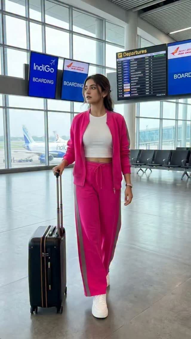 Women Travel Outfit: 8 Looks for Airport to City 1 Woman in a pink tracksuit walking through an airport terminal with a black suitcase.