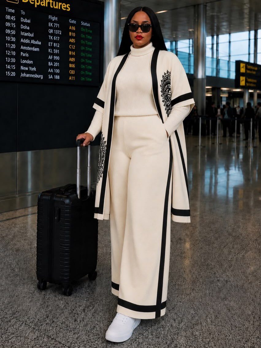 Women Travel Outfit: 8 Looks for Airport to City 6 Woman in a cream two-piece co-ord set and patterned cardigan standing in an airport with a suitcase.