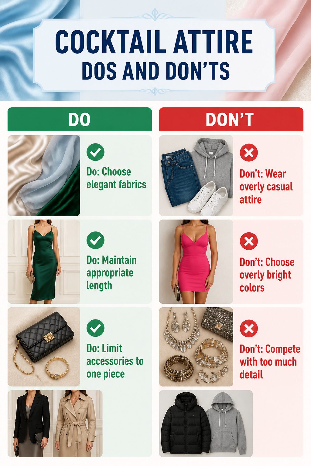 Women's Cocktail Attire: A Research-Based Recipe for Dressing 7 An infographic highlighting dos and don'ts for cocktail attire.