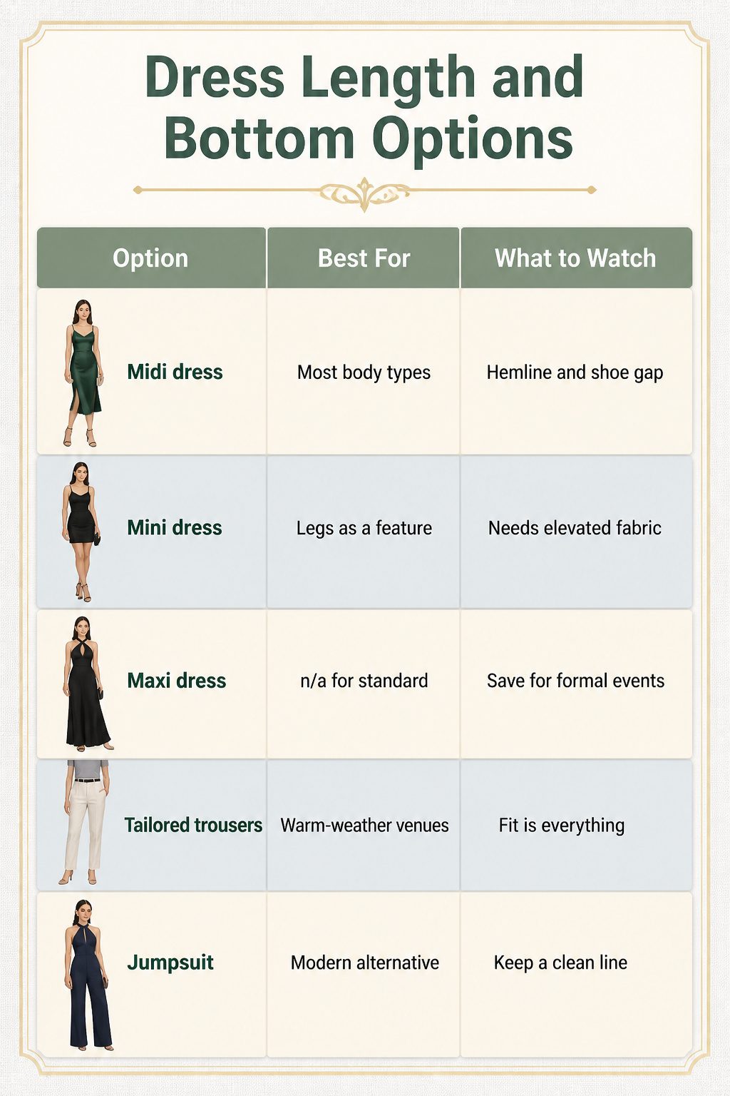 Women's Cocktail Attire: A Research-Based Recipe for Dressing 4 An image showing options for dress length and bottom choices.