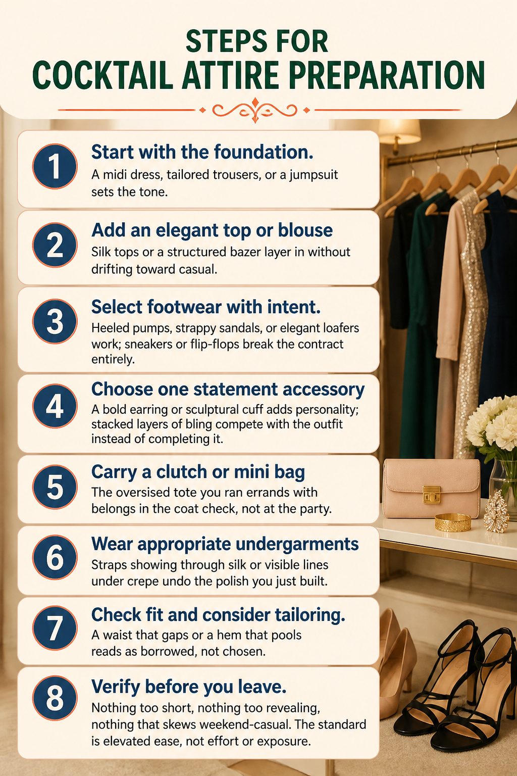 Women's Cocktail Attire: A Research-Based Recipe for Dressing 2 An infographic outlining steps for cocktail attire preparation.