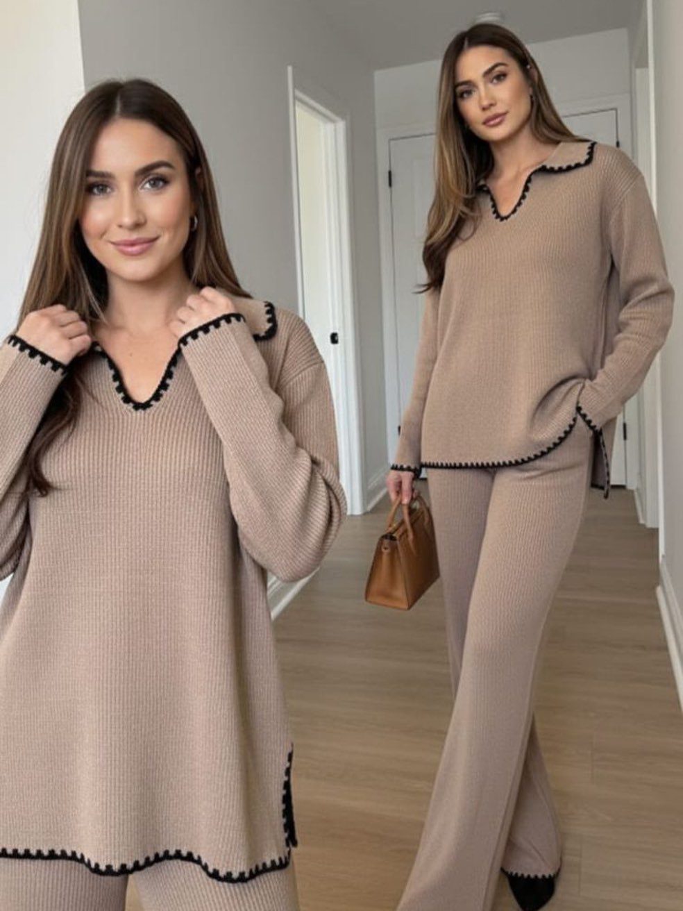 Work Outfits for Women: 7 Smart Office Looks for 2026 4 Woman wearing a beige two-piece knit set with black scalloped trim and wide-leg pants.