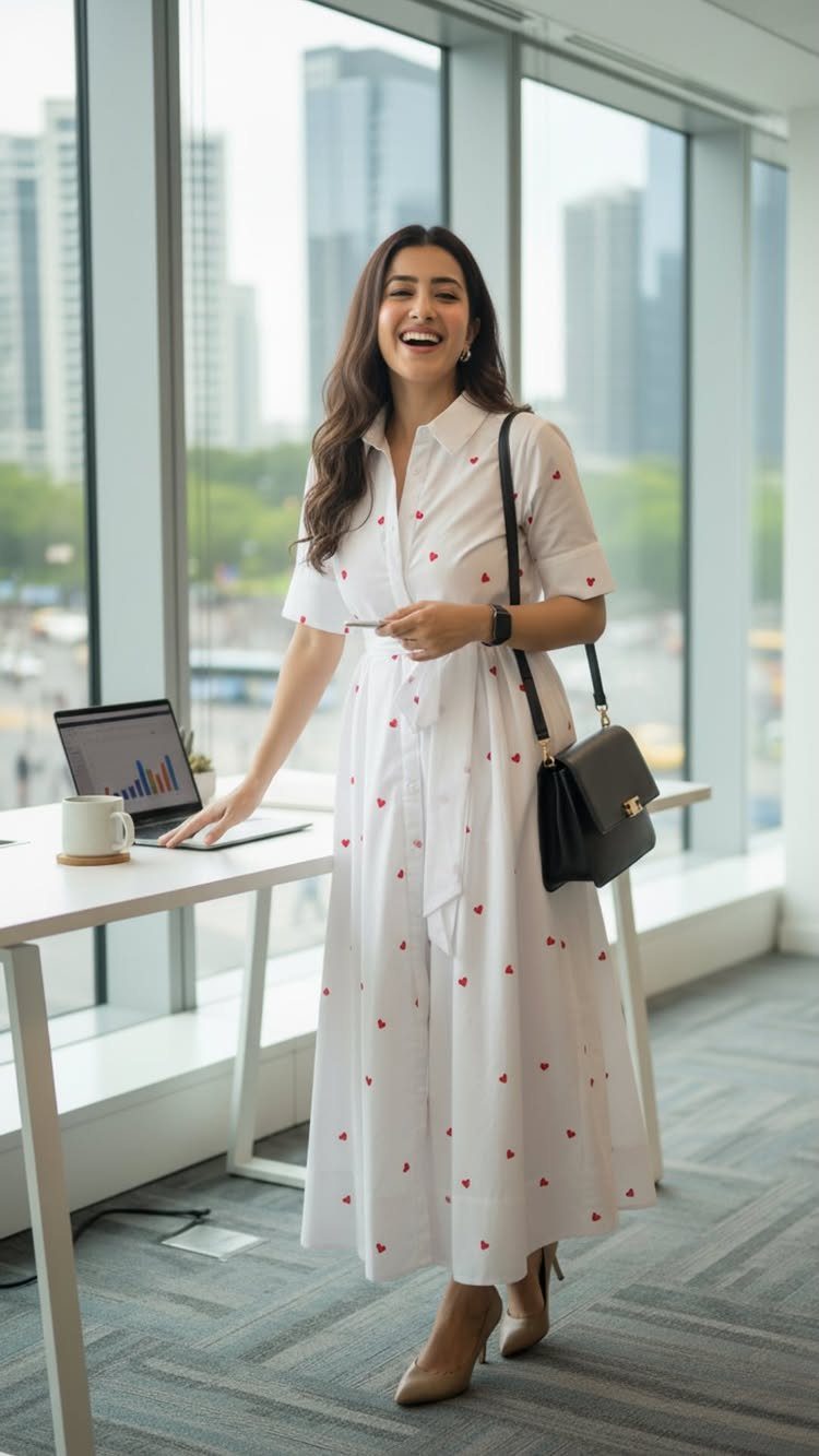 Work Outfits for Women: 7 Smart Office Looks for 2026 2 A woman laughing while wearing a white patterned midi shirt dress in a bright office setting.