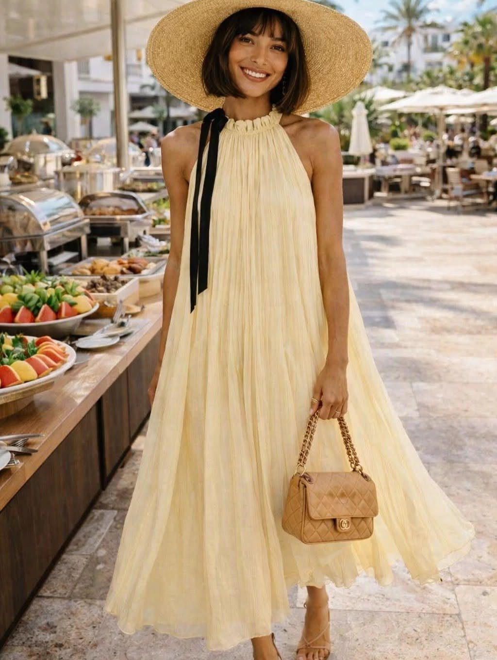 Zara Summer Dresses From Mini to Maxi (21 Characters) 4 Woman in a billowy yellow halter maxi dress and straw hat at a resort.